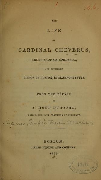 Title page of 'The Life of Cardinal Cheverus'
